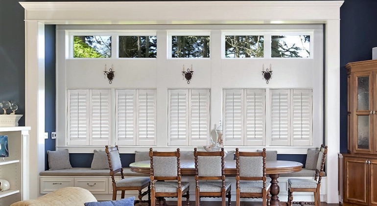 New Brunswick dining room with white plantation shutters.